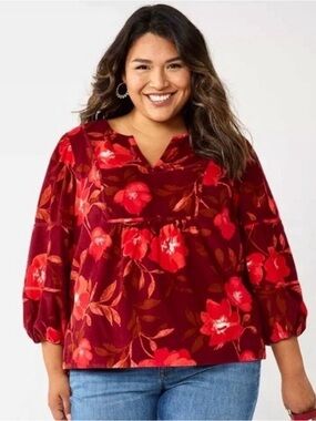 Sonoma Burgundy Floral Peasant Top with Red Blooms NWT